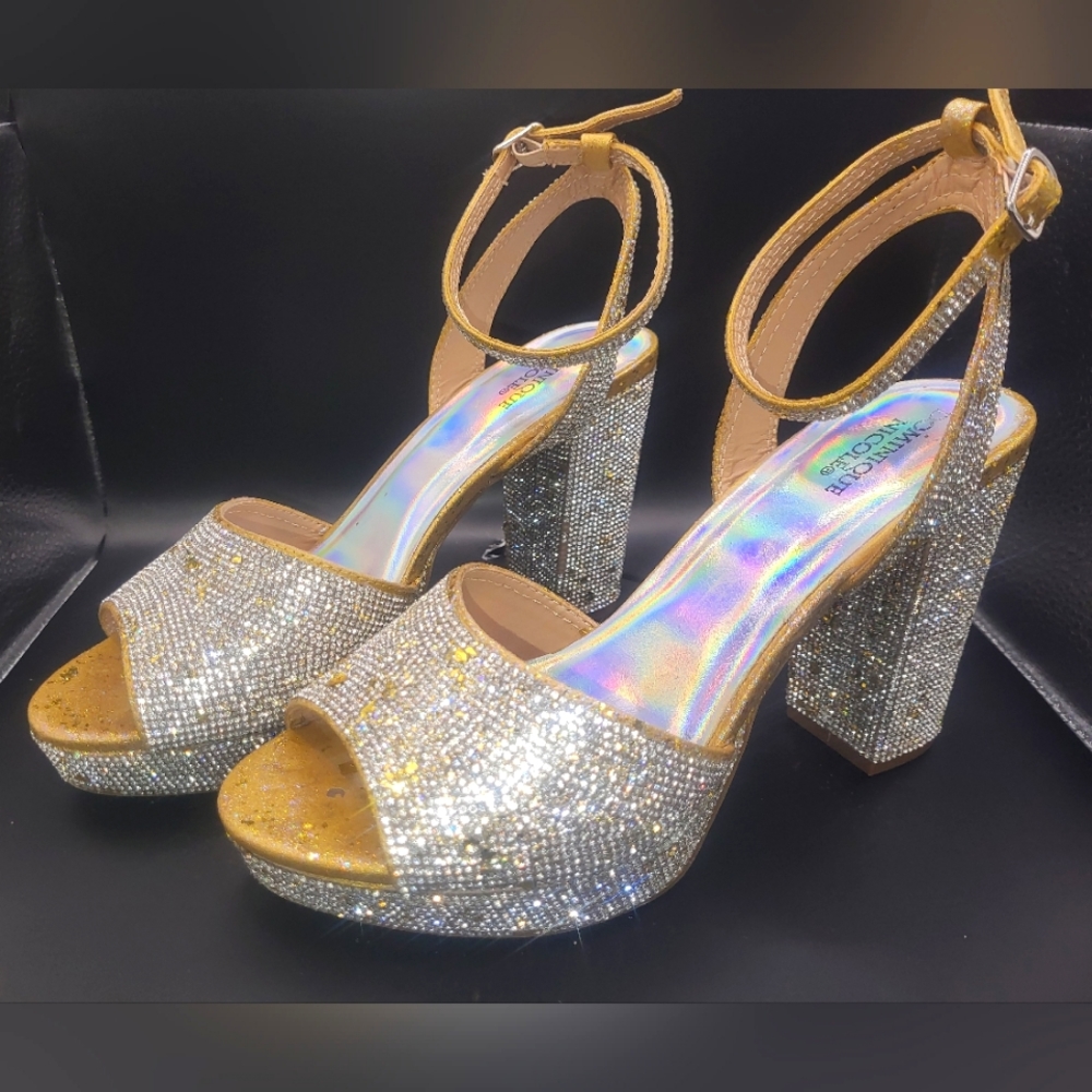 WIDE WIDTH DOMINIQUE NICOLE PLATFORM CHUNKY HEEL  RHINESTONE OPEN TOE HEELS